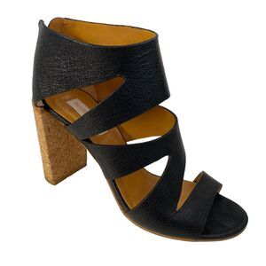 SEE BY CHLOE Dania Black Cork Heel Sandal Open Toe Strappy Caged 38.5 8.5
